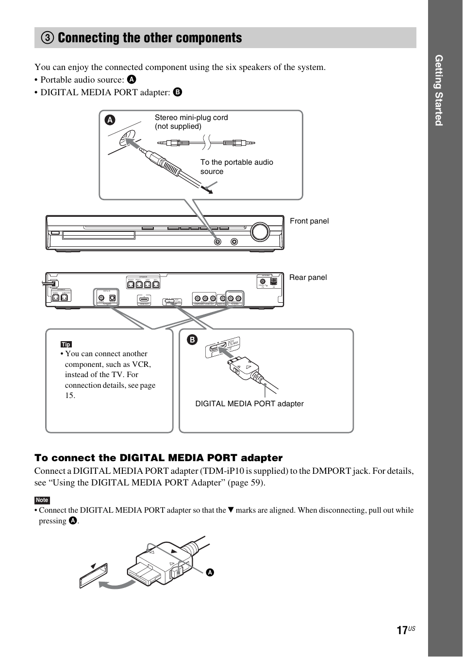 3 connecting the other components, 3connecting the other components, Ge tting star te d | Sony Bravia Theater DAVHDZ273 User Manual | Page 17 / 92