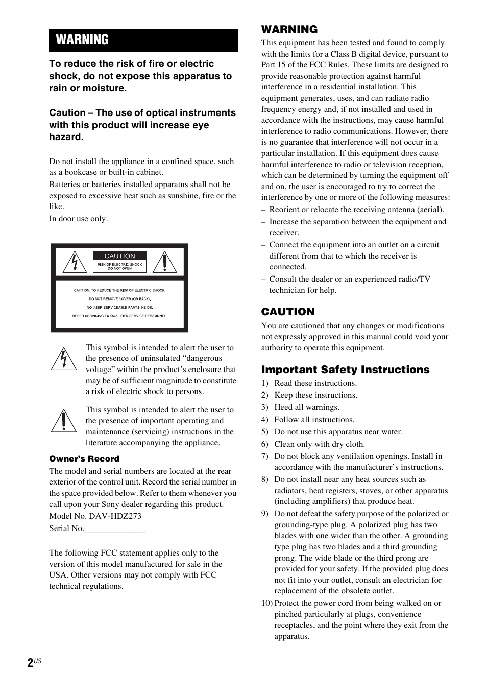 Warning | Sony Bravia Theater DAVHDZ273 User Manual | Page 2 / 92