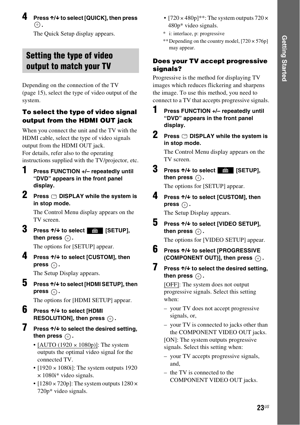 Setting the type of video output to match your tv | Sony Bravia Theater DAVHDZ273 User Manual | Page 23 / 92