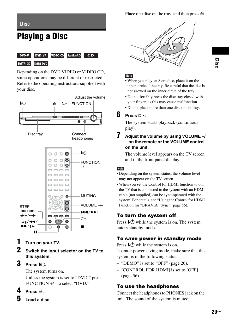 Disc, Playing a disc | Sony Bravia Theater DAVHDZ273 User Manual | Page 29 / 92