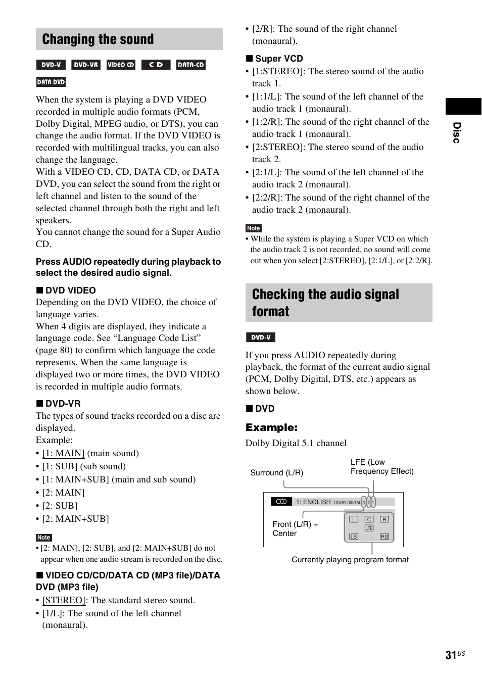 Changing the sound, Checking the audio signal format | Sony Bravia Theater DAVHDZ273 User Manual | Page 31 / 92