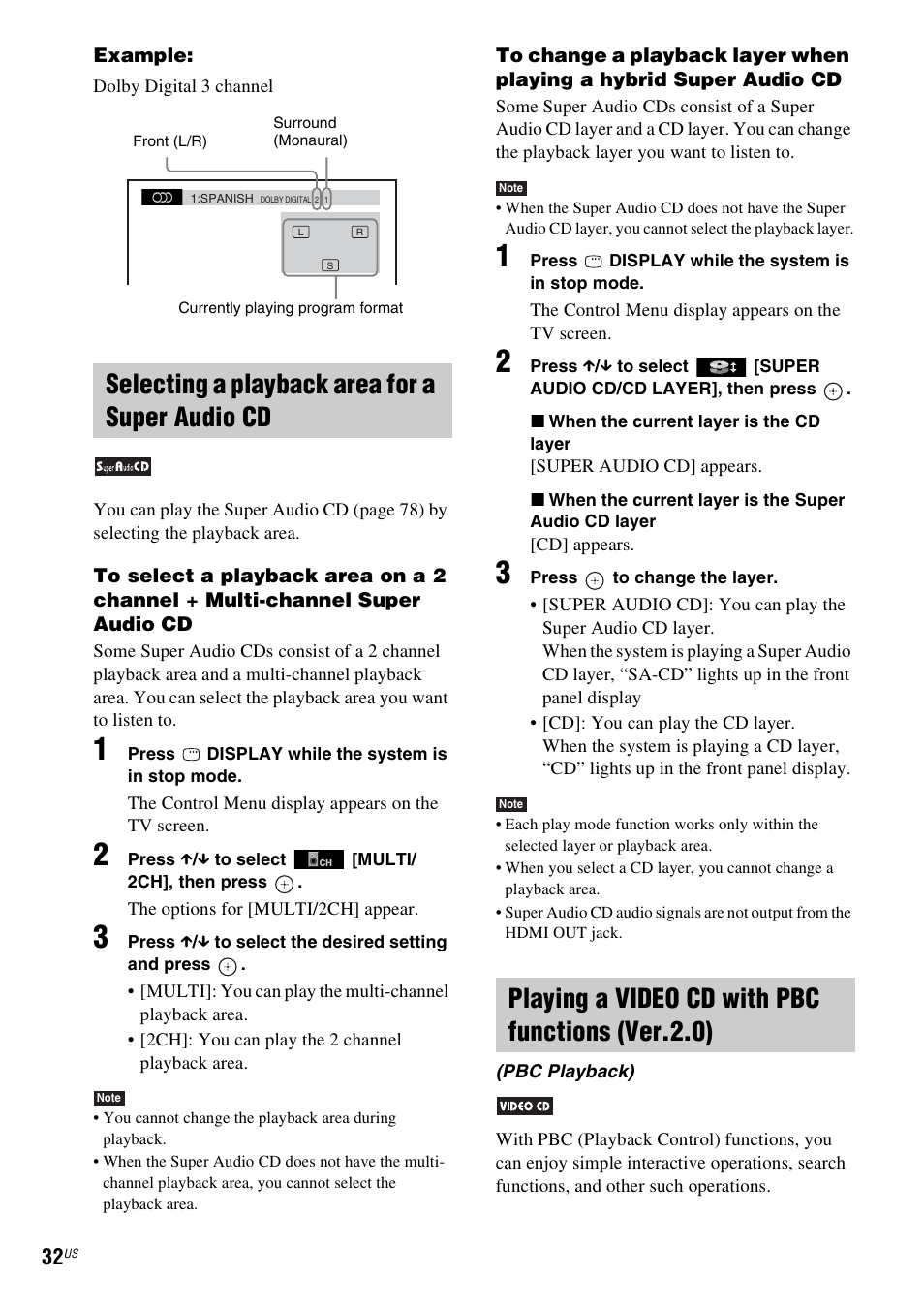 Selecting a playback area for a super audio cd, Playing a video cd with pbc functions (ver.2.0) | Sony Bravia Theater DAVHDZ273 User Manual | Page 32 / 92