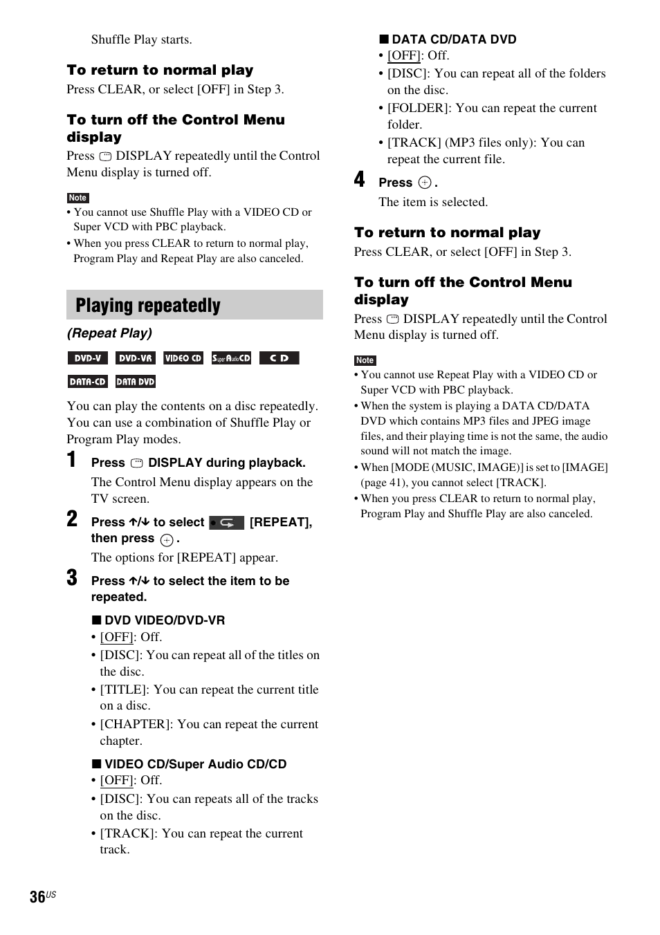 Playing repeatedly | Sony Bravia Theater DAVHDZ273 User Manual | Page 36 / 92