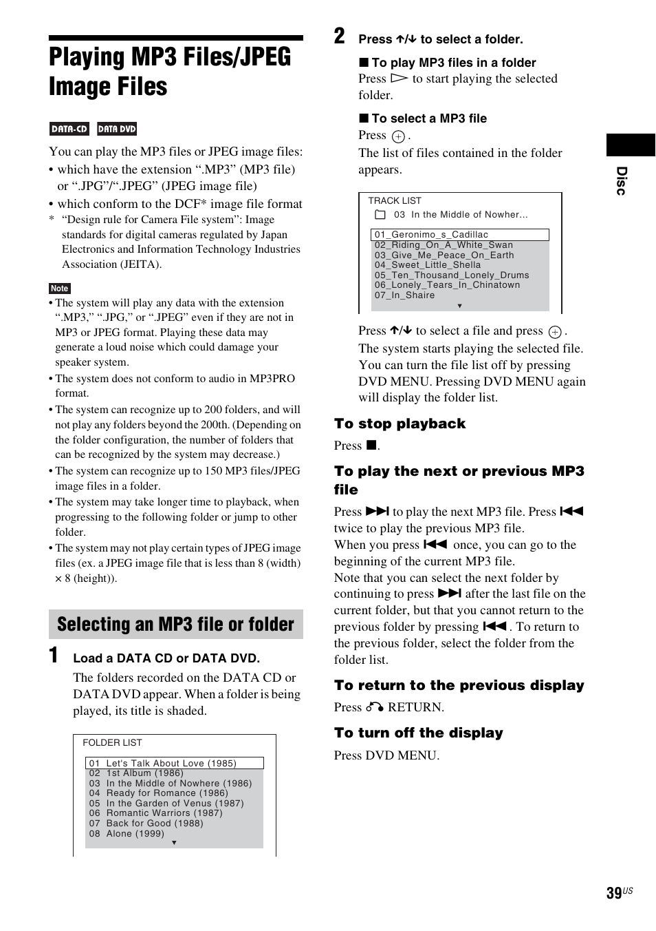 Playing mp3 files/jpeg image files, Selecting an mp3 file or folder | Sony Bravia Theater DAVHDZ273 User Manual | Page 39 / 92