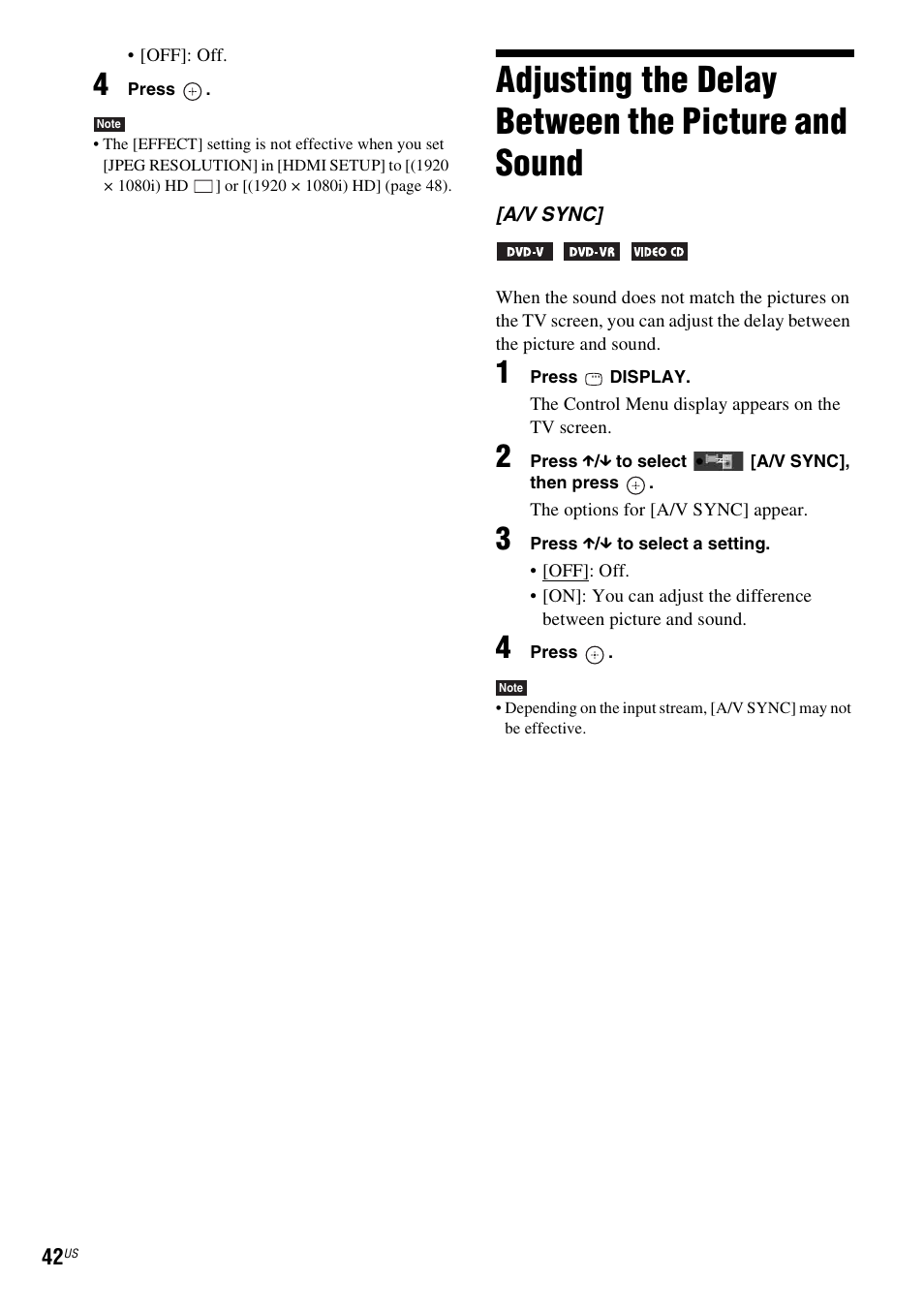 Adjusting the delay between the picture and sound, Adjusting the delay between the picture, And sound | Sony Bravia Theater DAVHDZ273 User Manual | Page 42 / 92