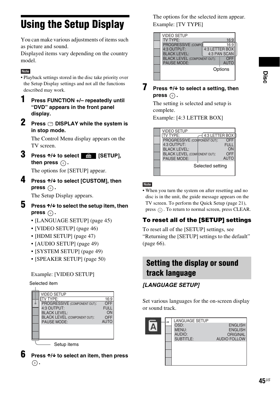 Using the setup display, Setting the display or sound track language, Using | Dis c | Sony Bravia Theater DAVHDZ273 User Manual | Page 45 / 92