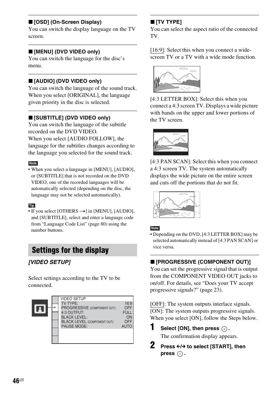 Settings for the display | Sony Bravia Theater DAVHDZ273 User Manual | Page 46 / 92