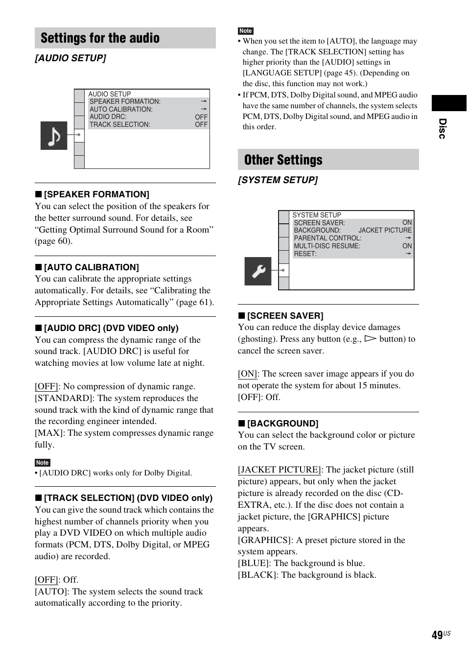 Settings for the audio, Other settings | Sony Bravia Theater DAVHDZ273 User Manual | Page 49 / 92
