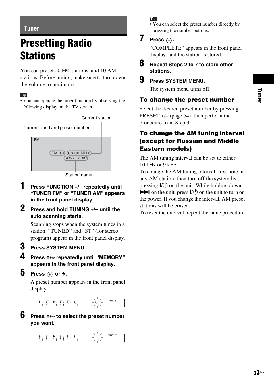 Tuner, Presetting radio stations | Sony Bravia Theater DAVHDZ273 User Manual | Page 53 / 92