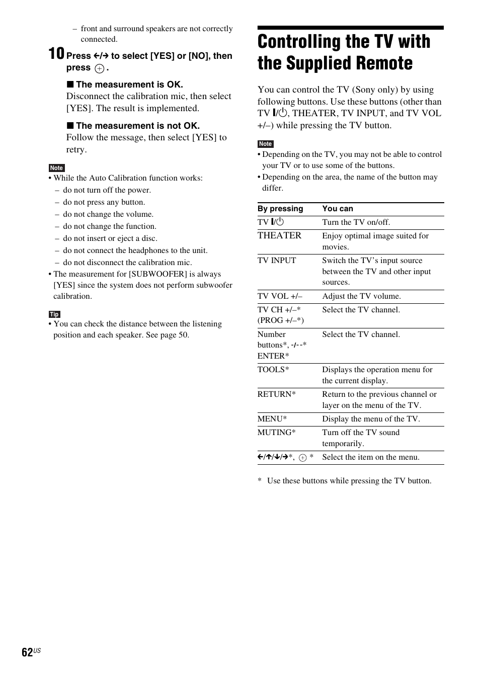 Controlling the tv with the supplied remote, Controlling the tv with the supplied, Remote | Sony Bravia Theater DAVHDZ273 User Manual | Page 62 / 92