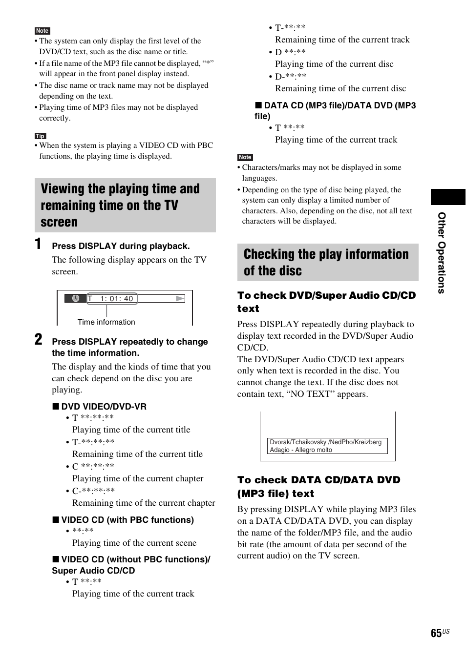 Checking the play information of the disc | Sony Bravia Theater DAVHDZ273 User Manual | Page 65 / 92