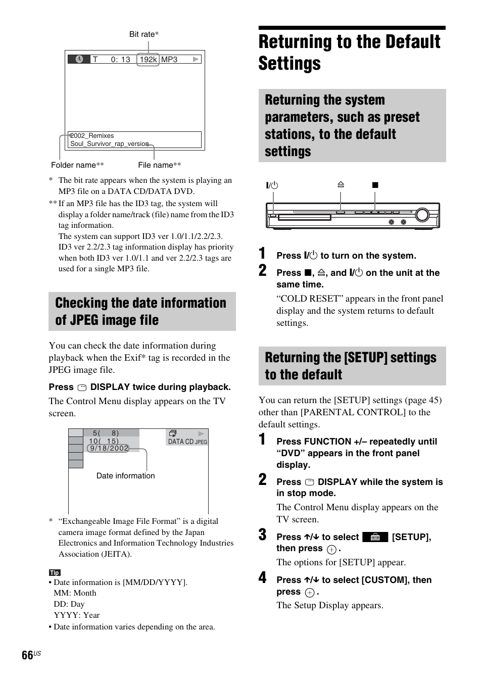 Checking the date information of jpeg image file, Returning to the default settings, Returning the [setup] settings to the default | Sony Bravia Theater DAVHDZ273 User Manual | Page 66 / 92