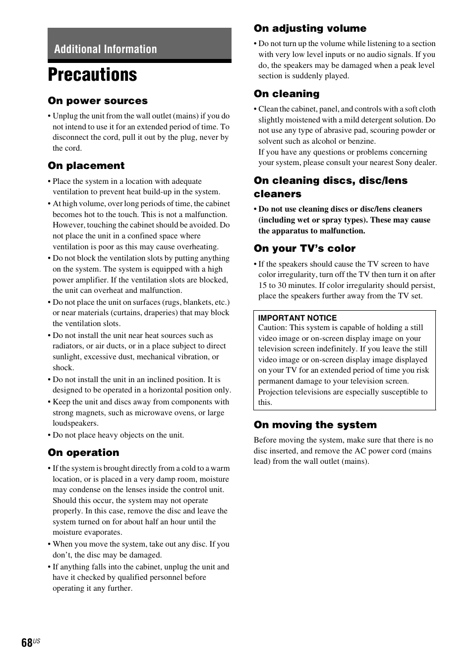 Additional information, Precautions | Sony Bravia Theater DAVHDZ273 User Manual | Page 68 / 92