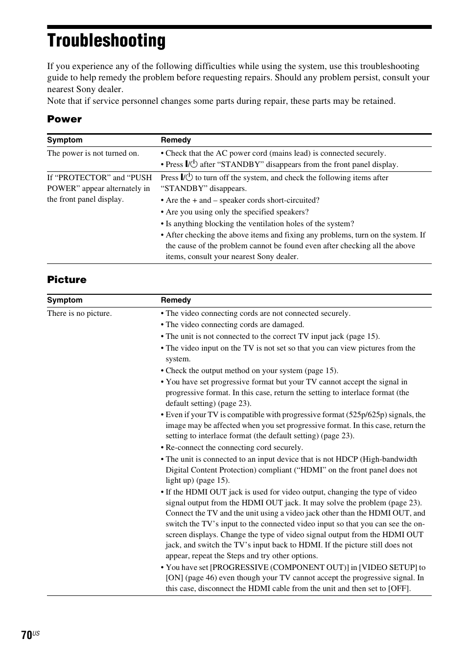 Troubleshooting | Sony Bravia Theater DAVHDZ273 User Manual | Page 70 / 92