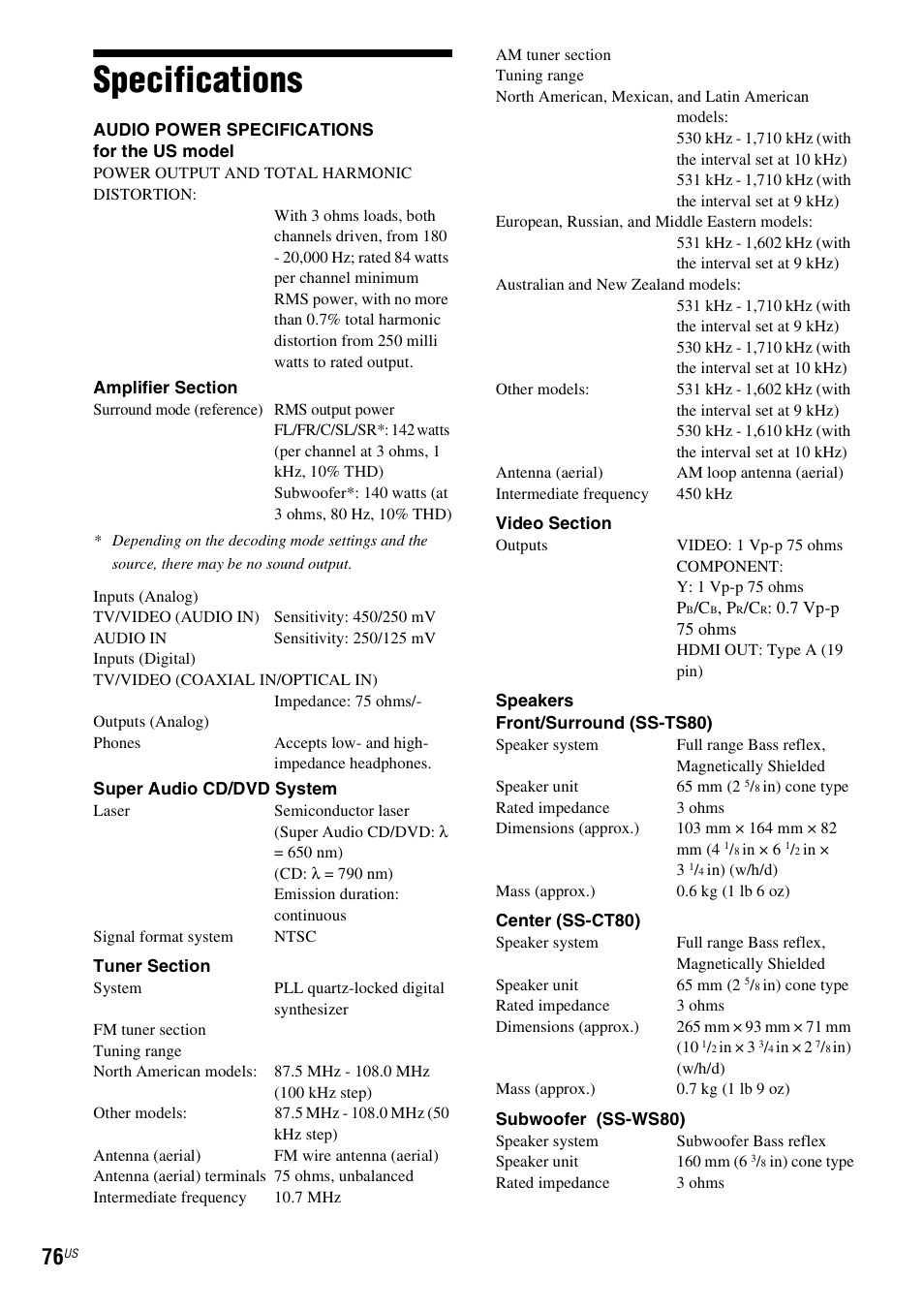 Specifications | Sony Bravia Theater DAVHDZ273 User Manual | Page 76 / 92