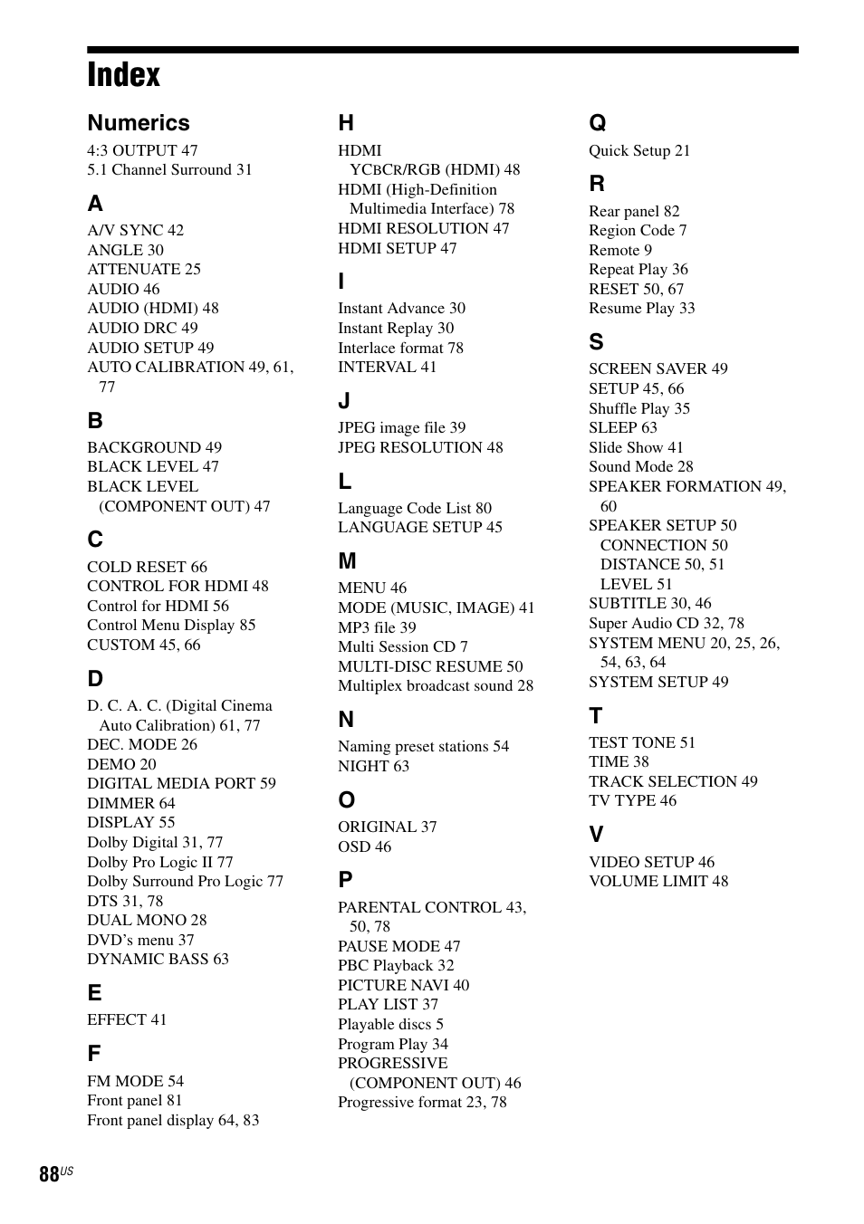 Index, Numerics | Sony Bravia Theater DAVHDZ273 User Manual | Page 88 / 92