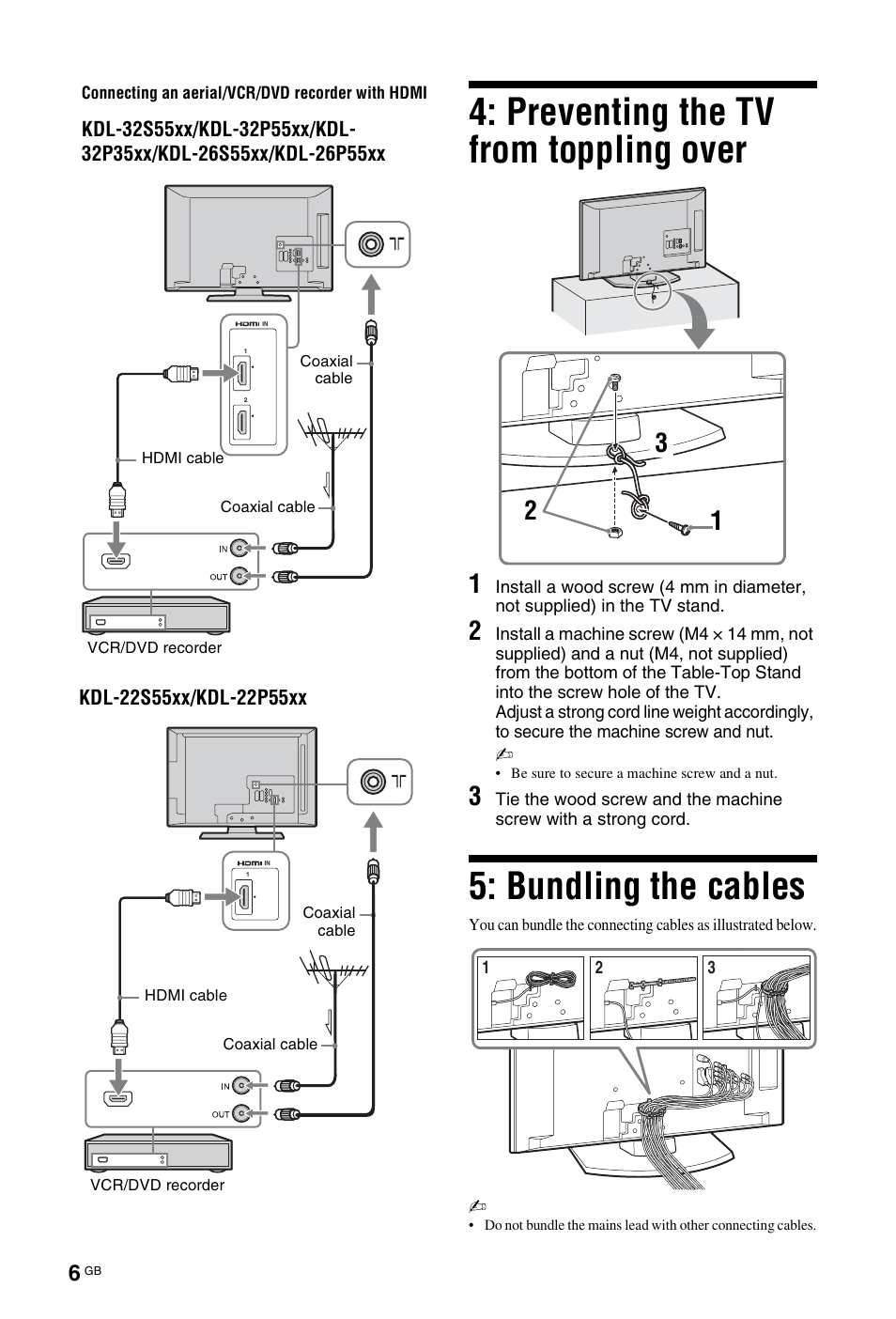 Preventing the tv from toppling over, Bundling the cables | Sony BRAVIA KDL-26P55xx User Manual | Page 6 / 40