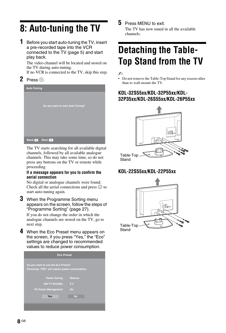 Auto-tuning the tv, Detaching the table- top stand from the tv | Sony BRAVIA KDL-26P55xx User Manual | Page 8 / 40