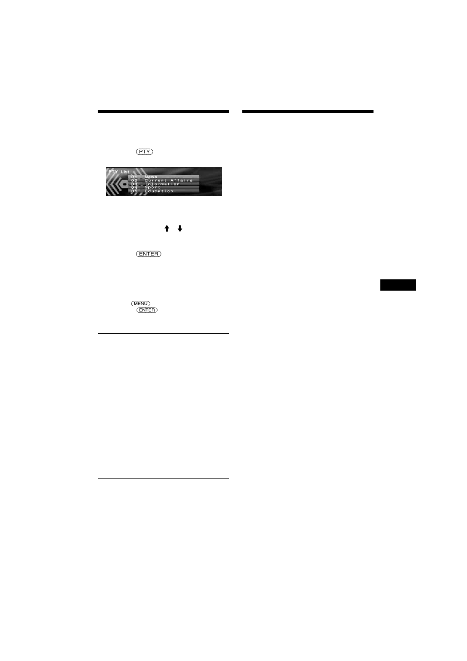 Selezione del modo pty (tipo di programma), Impostazione del modo ct (segnale orario), Selezione del modo pty | Tipo di programma), Impostazione del modo ct, Segnale orario) | Sony 2-581-922-11 User Manual | Page 151 / 218
