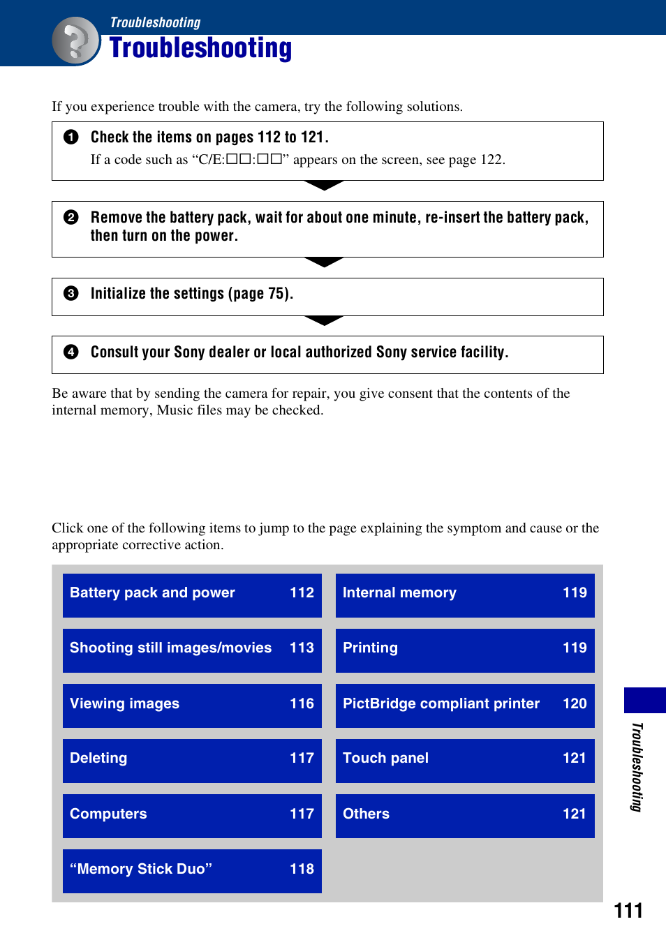 Troubleshooting | Sony Cyber-shot 3-700-727-12(1) User Manual | Page 111 / 135