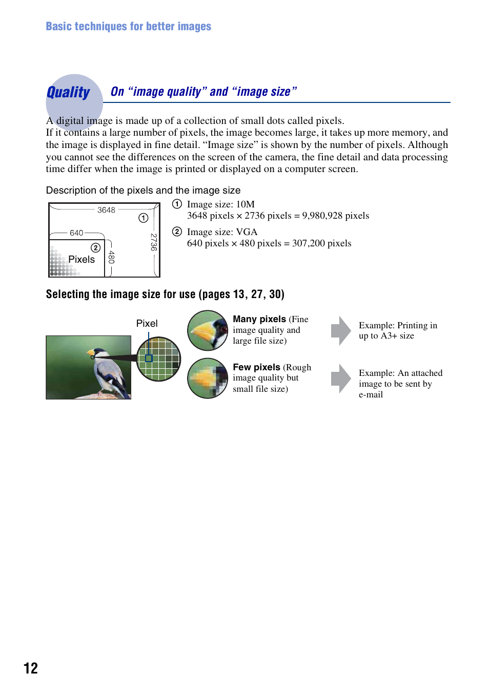 Quality, Quality – on “image quality” and “image size | Sony Cyber-shot 3-700-727-12(1) User Manual | Page 12 / 135
