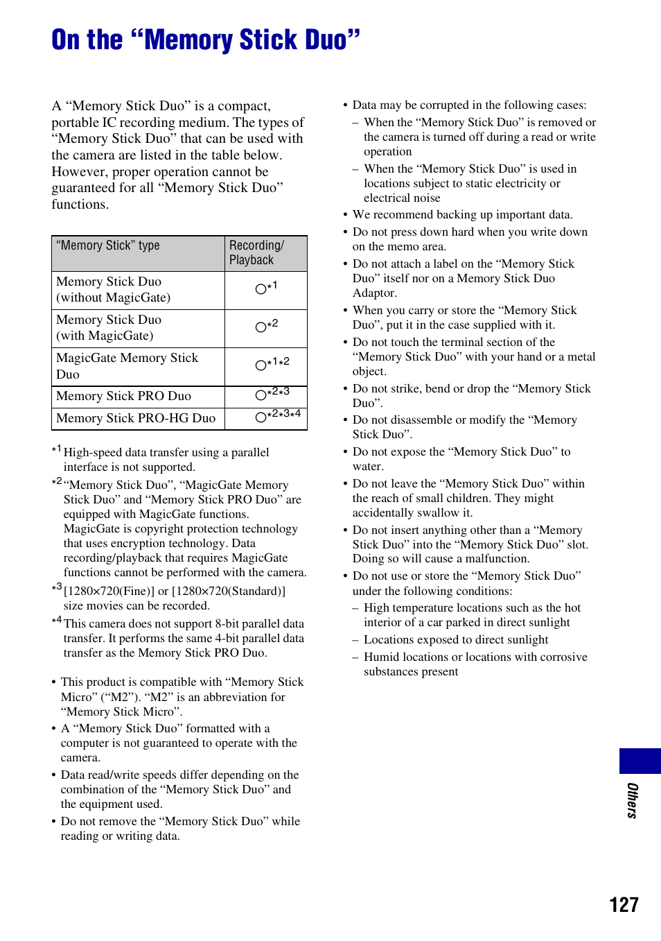 On the “memory stick duo | Sony Cyber-shot 3-700-727-12(1) User Manual | Page 127 / 135
