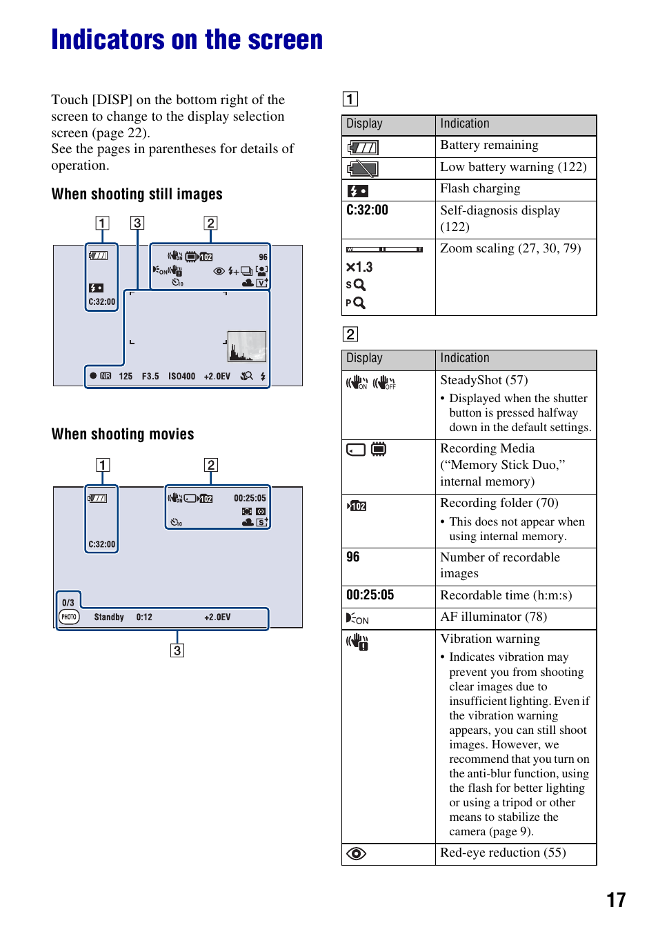 Indicators on the screen | Sony Cyber-shot 3-700-727-12(1) User Manual | Page 17 / 135