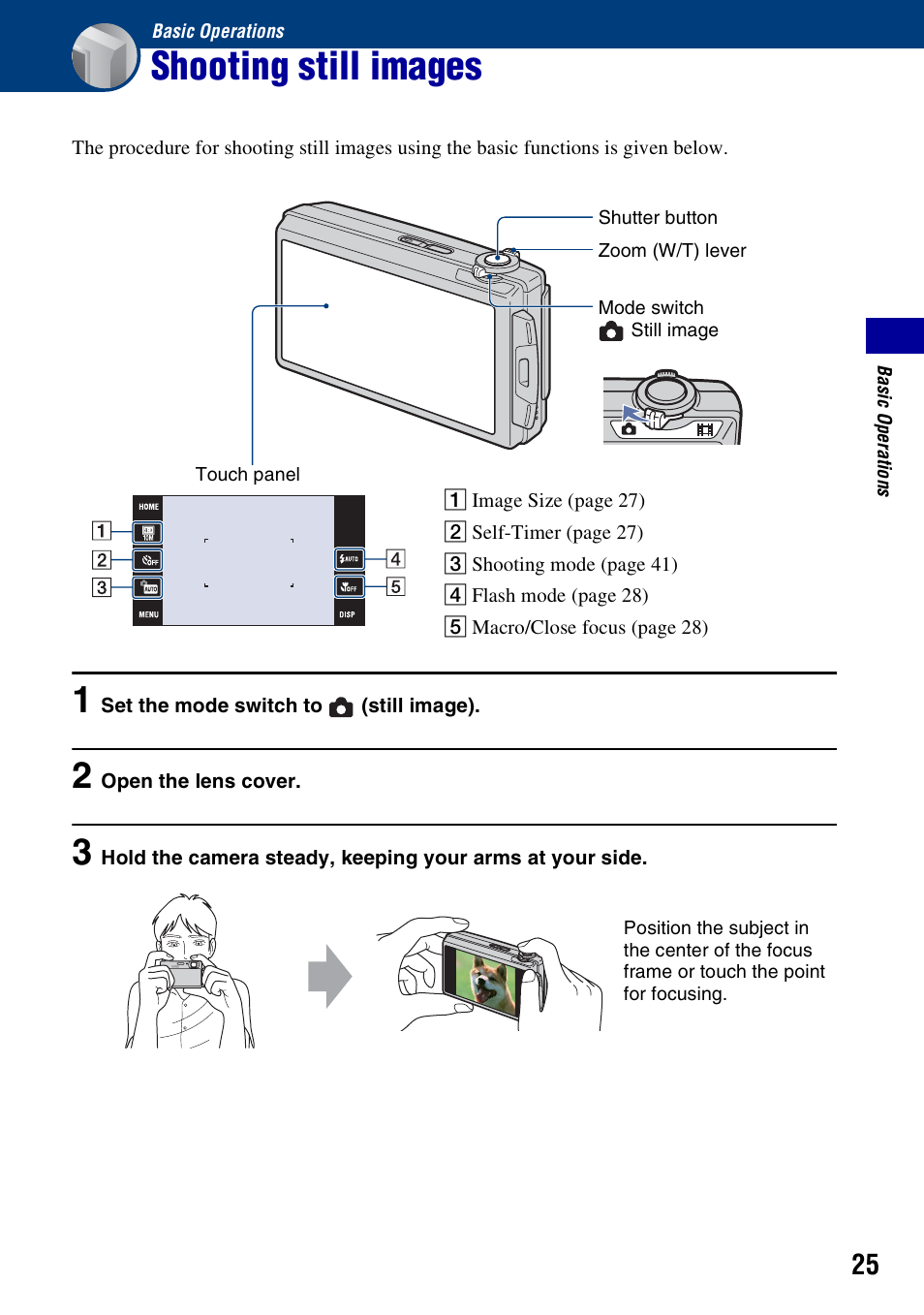 Basic operations, Shooting still images | Sony Cyber-shot 3-700-727-12(1) User Manual | Page 25 / 135