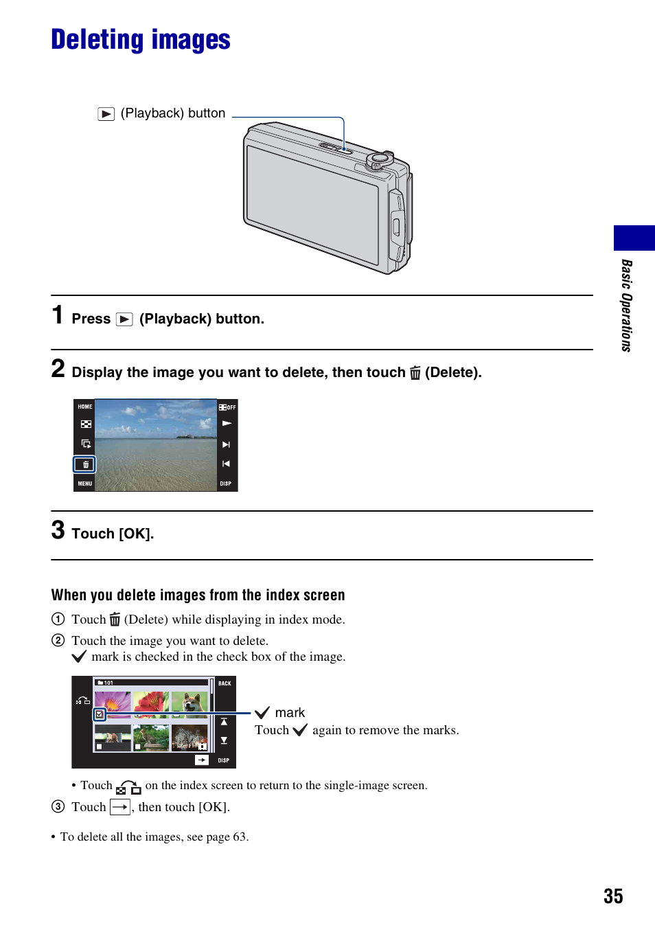 Deleting images | Sony Cyber-shot 3-700-727-12(1) User Manual | Page 35 / 135