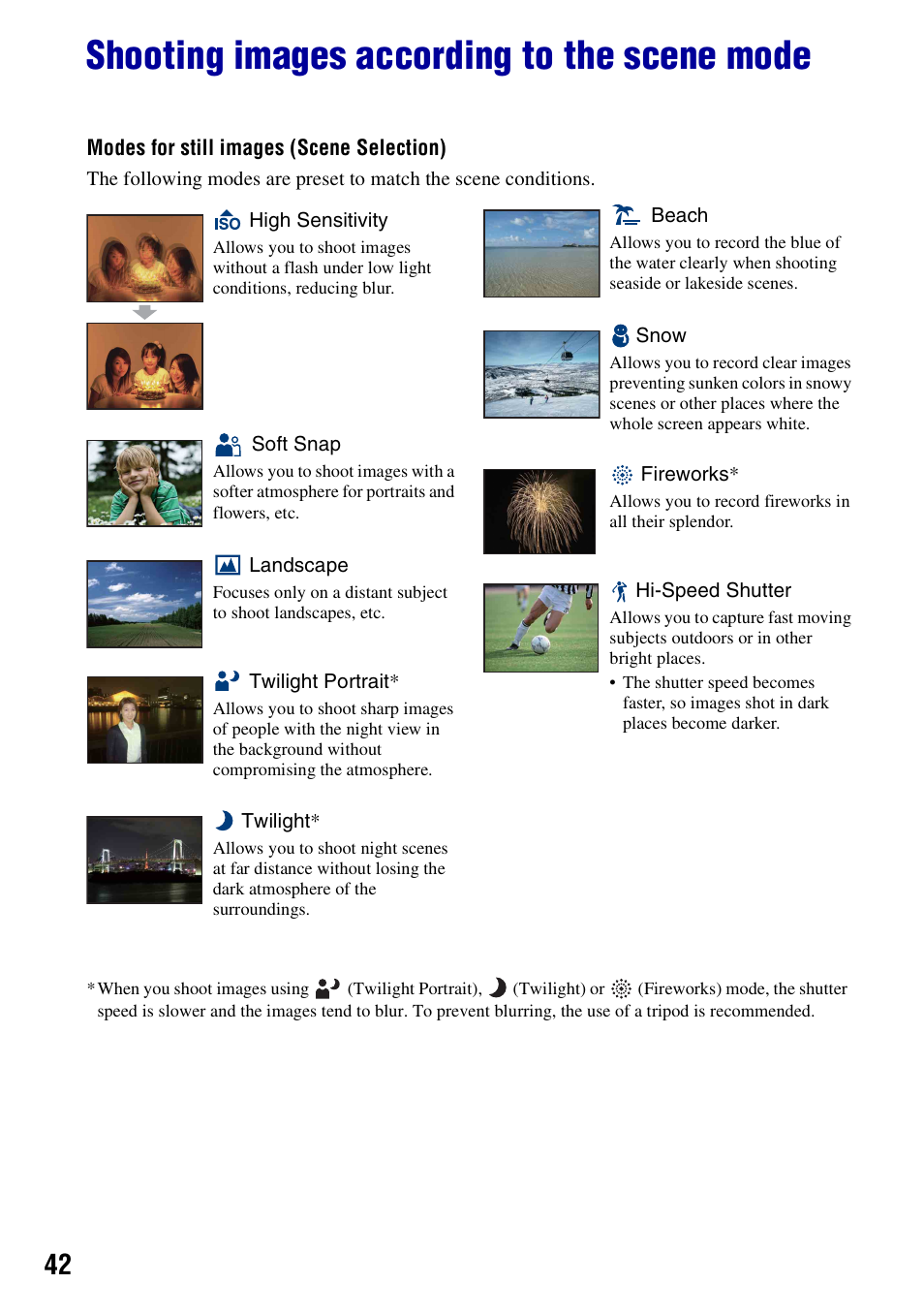 Shooting images according to the scene mode | Sony Cyber-shot 3-700-727-12(1) User Manual | Page 42 / 135