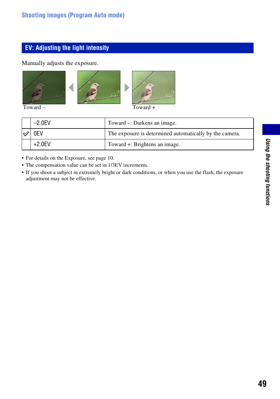 Ev: adjusting the light intensity | Sony Cyber-shot 3-700-727-12(1) User Manual | Page 49 / 135