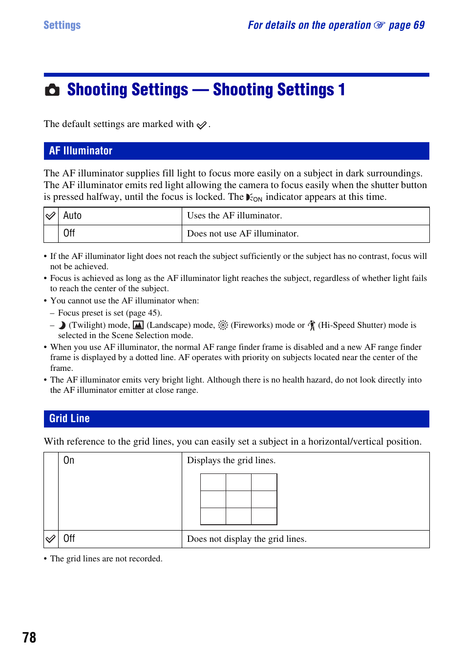 Shooting settings - shooting settings 1, Af illuminator, Grid line | Shooting settings — shooting settings 1 | Sony Cyber-shot 3-700-727-12(1) User Manual | Page 78 / 135
