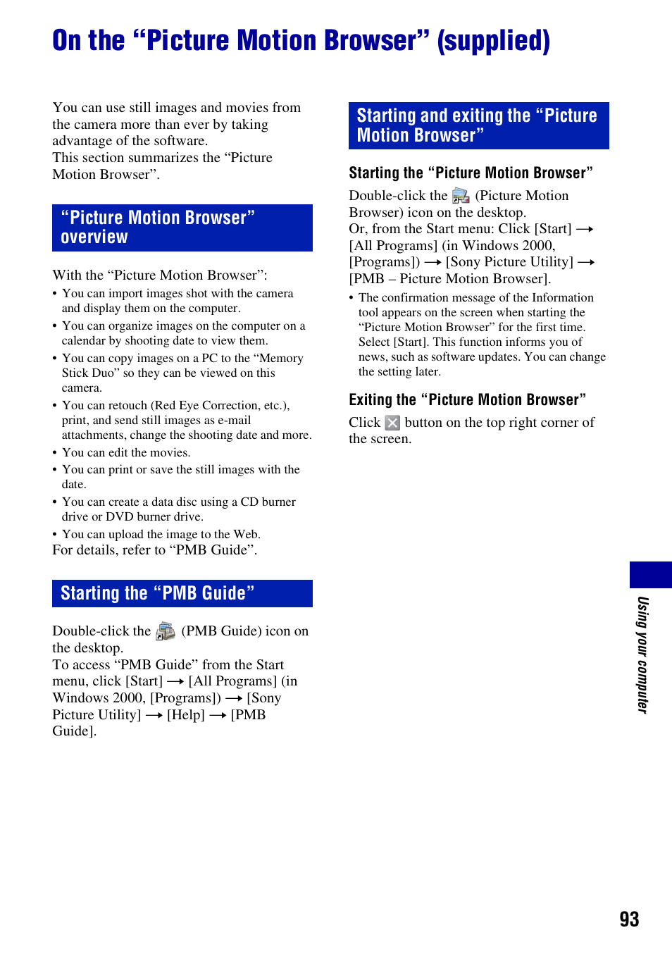 On the “picture motion browser” (supplied) | Sony Cyber-shot 3-700-727-12(1) User Manual | Page 93 / 135