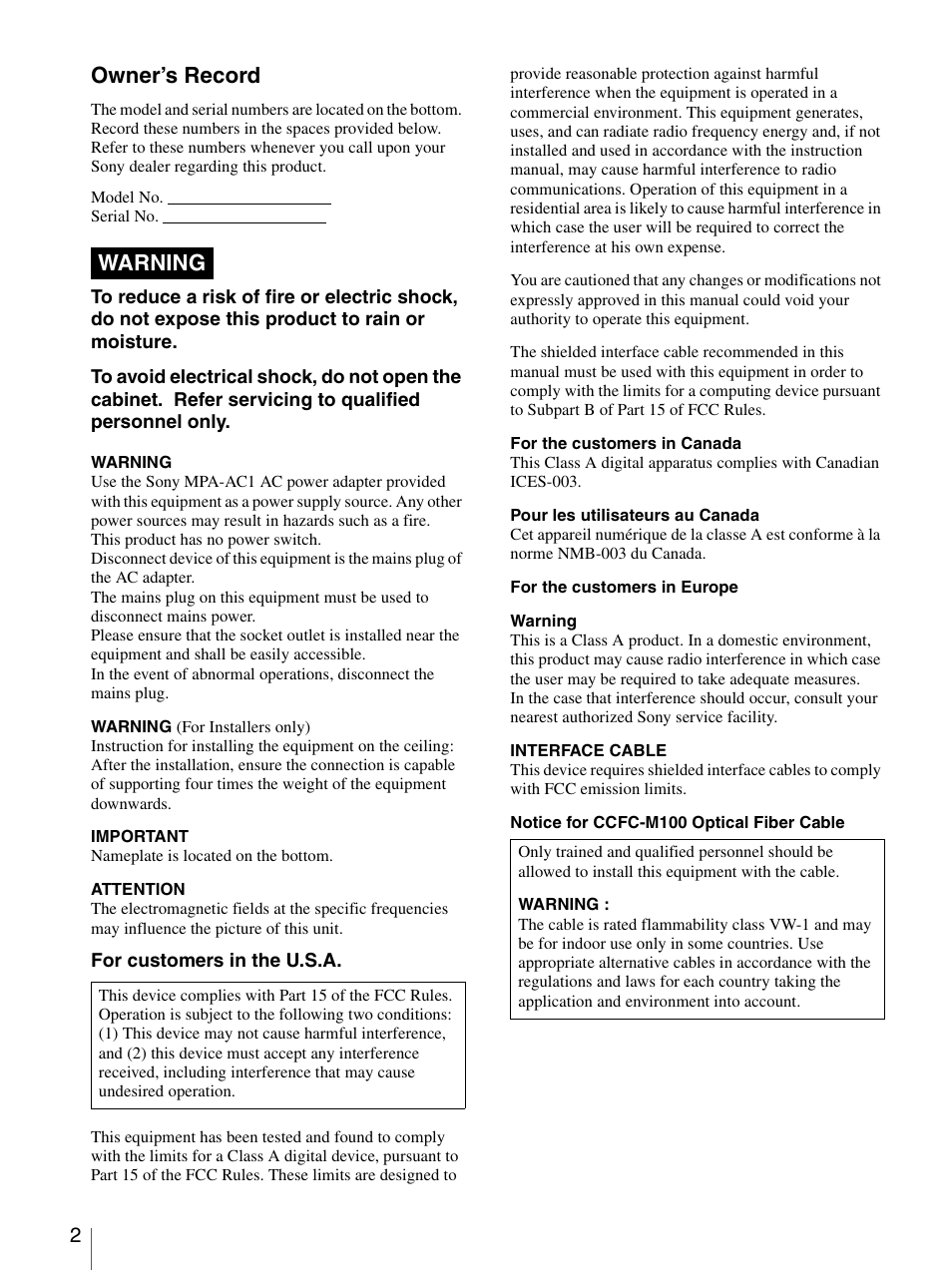 Owner’s record, Warning | Sony 3CCD COLOR BRC-300P User Manual | Page 2 / 68