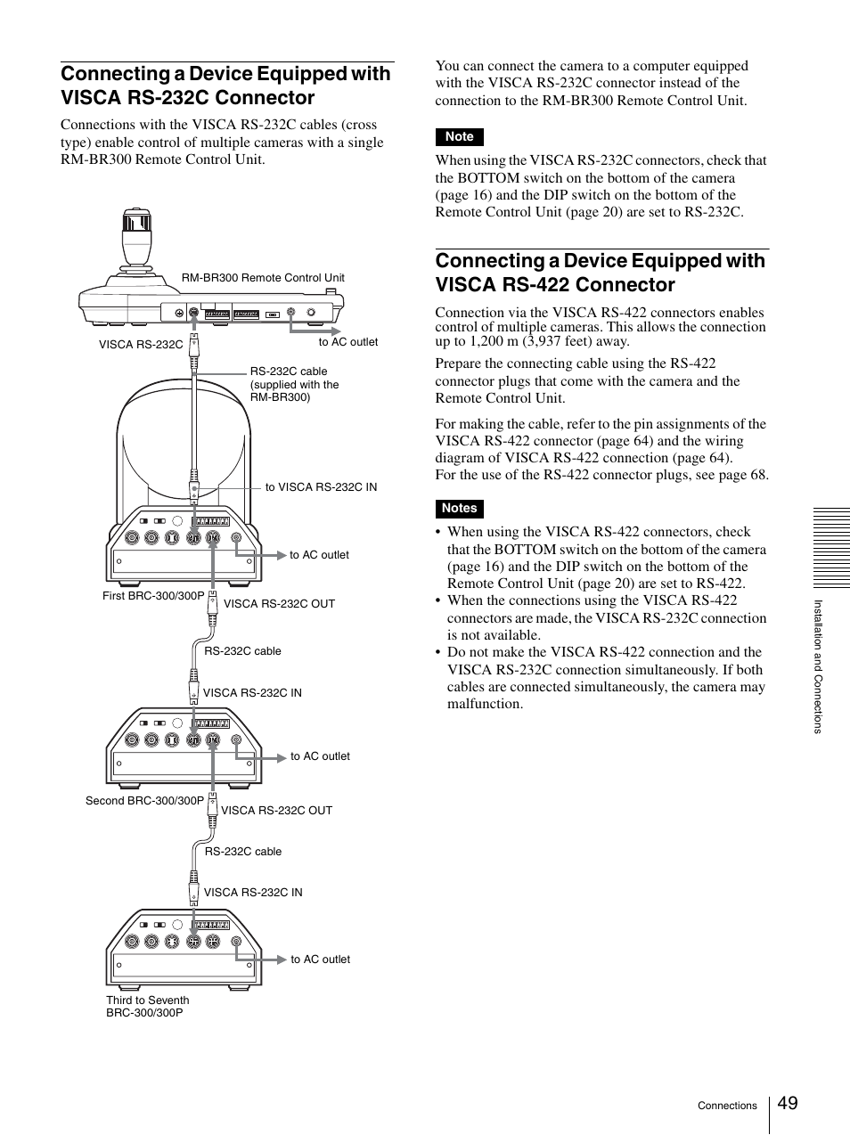 Connecting a device equipped with visca rs, 232c connector, 422 connector | Sony 3CCD COLOR BRC-300P User Manual | Page 49 / 68