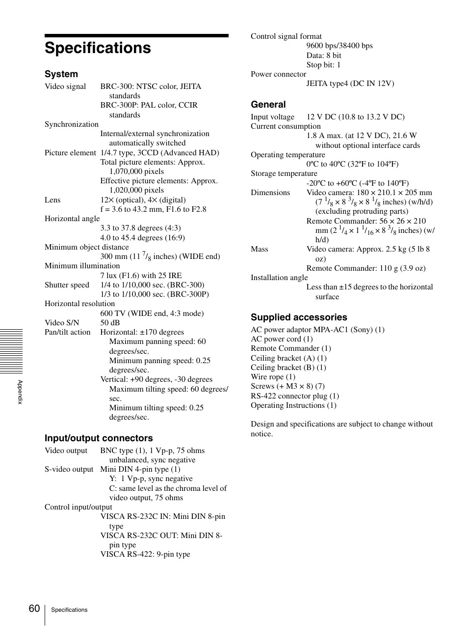 Specifications | Sony 3CCD COLOR BRC-300P User Manual | Page 60 / 68