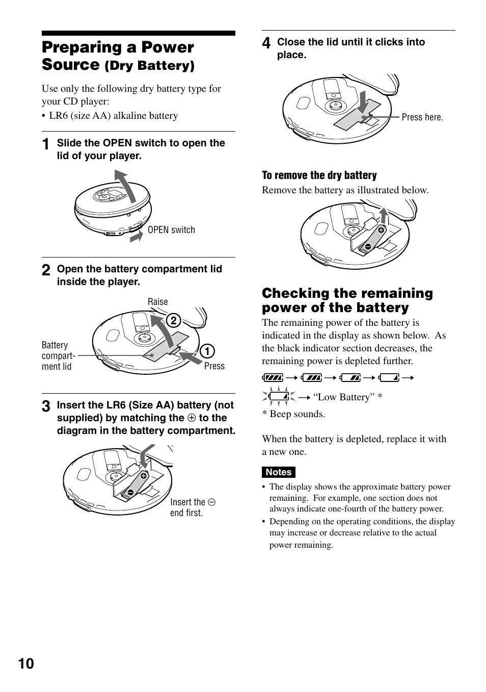 Preparing a power source (dry battery), Checking the remaining power of the battery, Preparing a power source | Dry battery), Checking the remaining power of the, Battery | Sony D-NF420 User Manual | Page 10 / 39