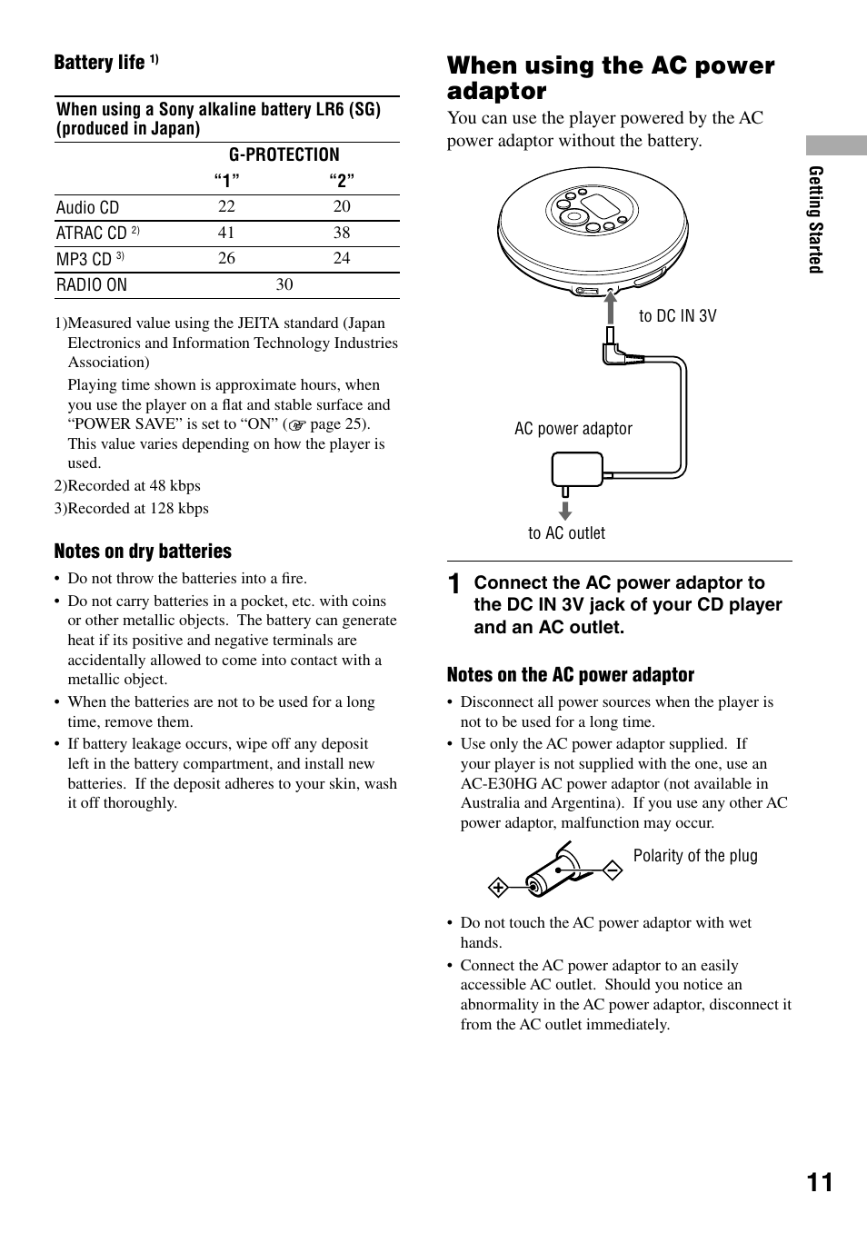 When using the ac power adaptor | Sony D-NF420 User Manual | Page 11 / 39