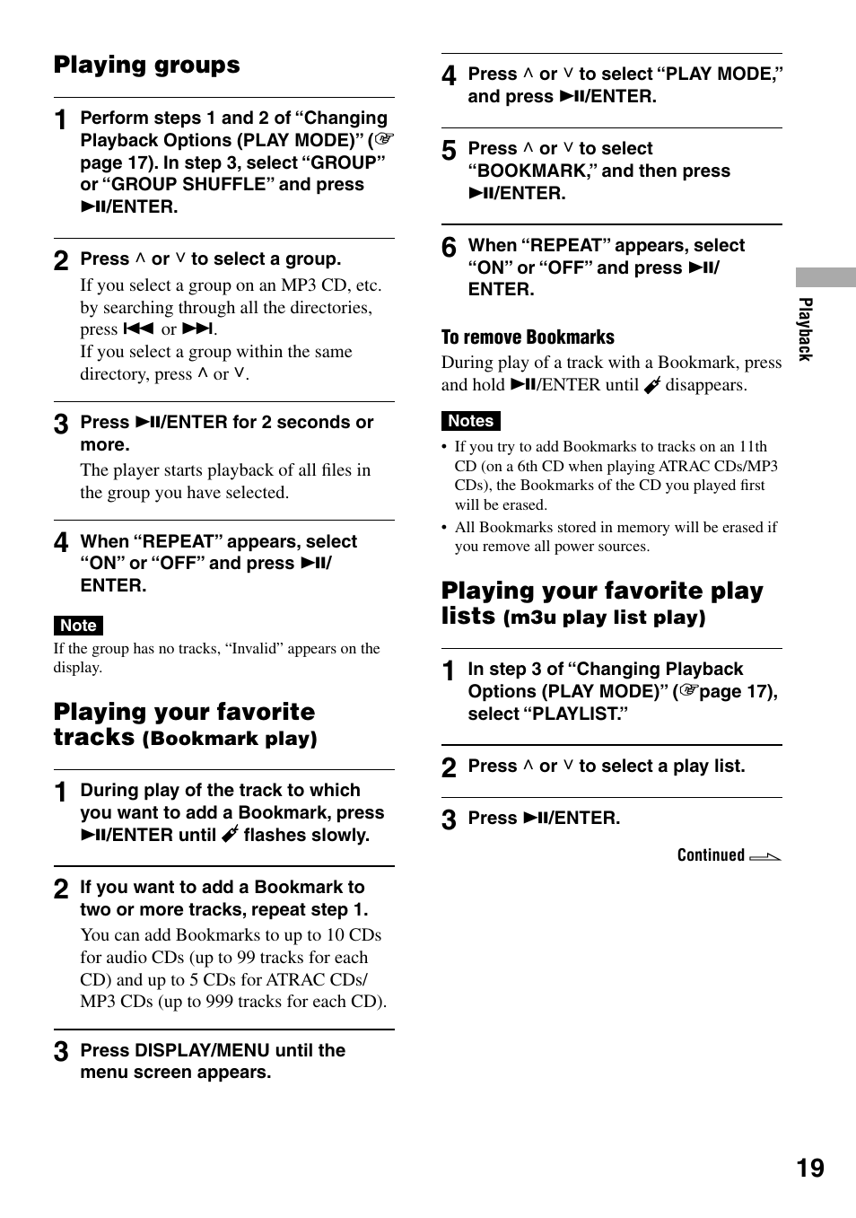 Playing groups, Playing your favorite tracks (bookmark play), Play) | Playing your favorite play lists (m3u play, List play), Playing your favorite play lists, Playing your favorite tracks | Sony D-NF420 User Manual | Page 19 / 39