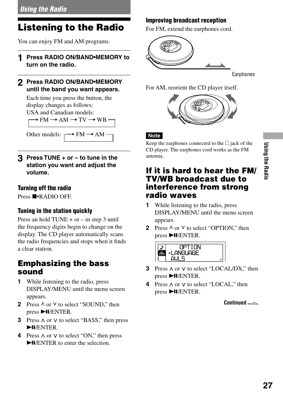 Using the radio, Listening to the radio, Emphasizing the bass sound | Broadcast due to interference from strong, Radio waves | Sony D-NF420 User Manual | Page 27 / 39