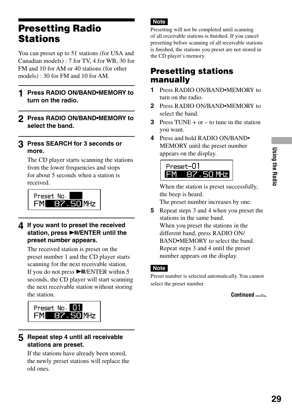 Presetting radio stations, Presetting stations manually | Sony D-NF420 User Manual | Page 29 / 39