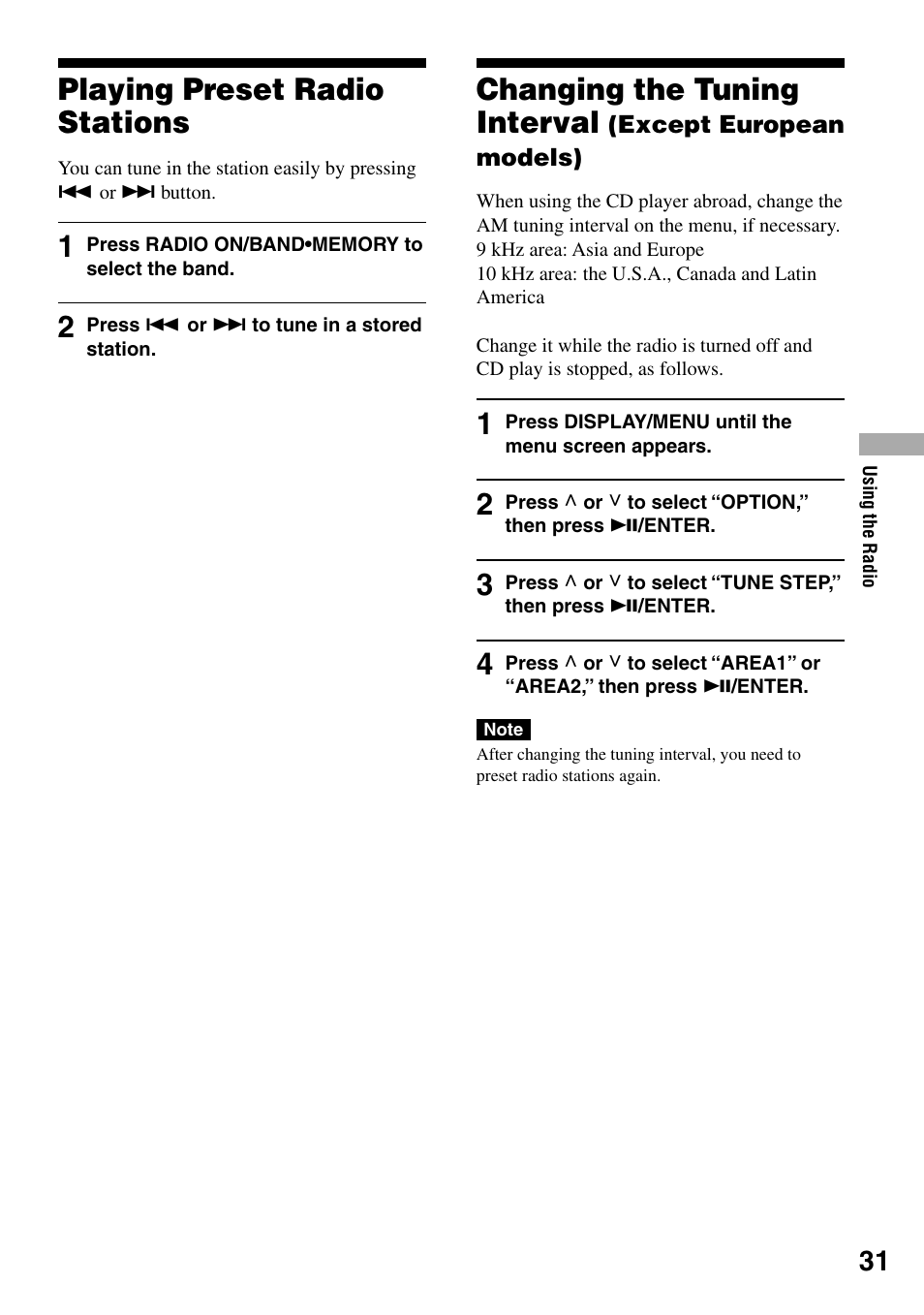 Playing preset radio stations, European models), Changing the tuning interval | Sony D-NF420 User Manual | Page 31 / 39