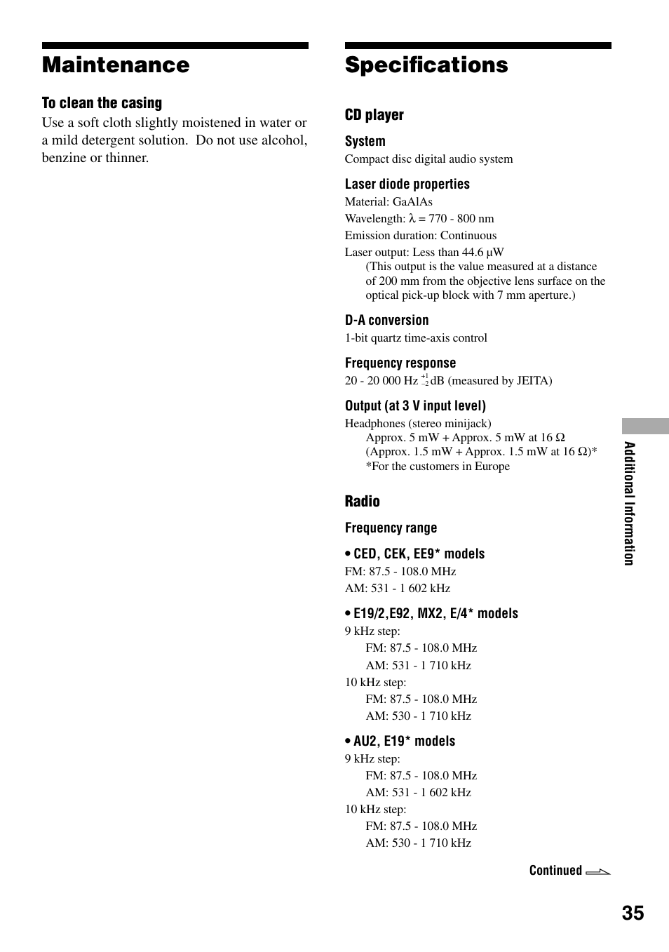 Maintenance, Specifications, Maintenance speciﬁcations | Speciﬁcations | Sony D-NF420 User Manual | Page 35 / 39