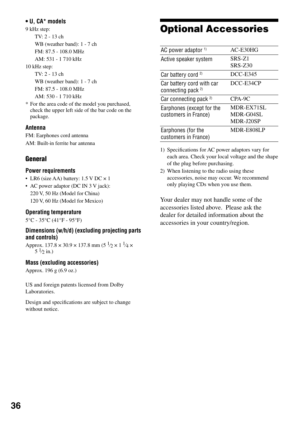 Optional accessories, General | Sony D-NF420 User Manual | Page 36 / 39
