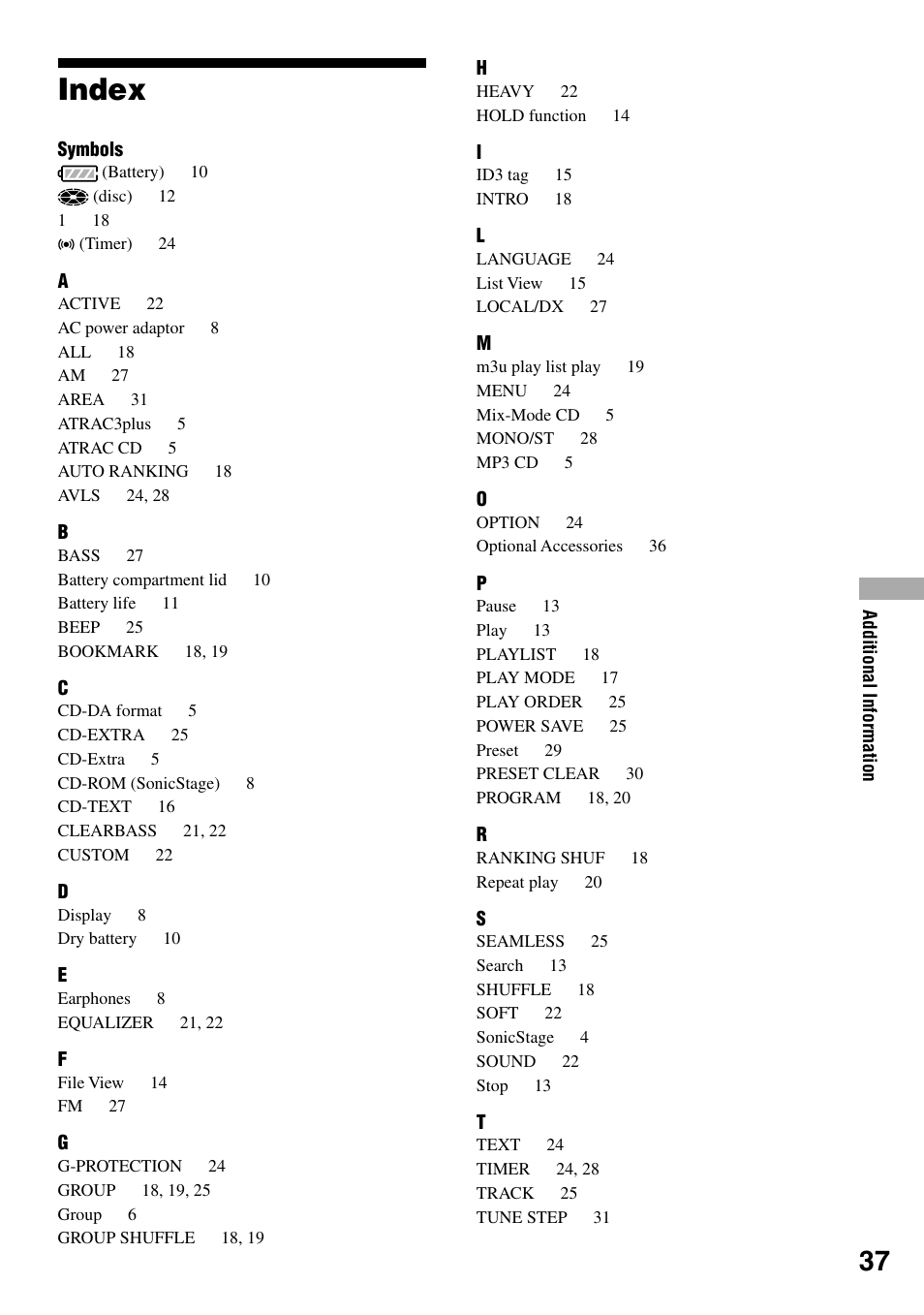 Index | Sony D-NF420 User Manual | Page 37 / 39