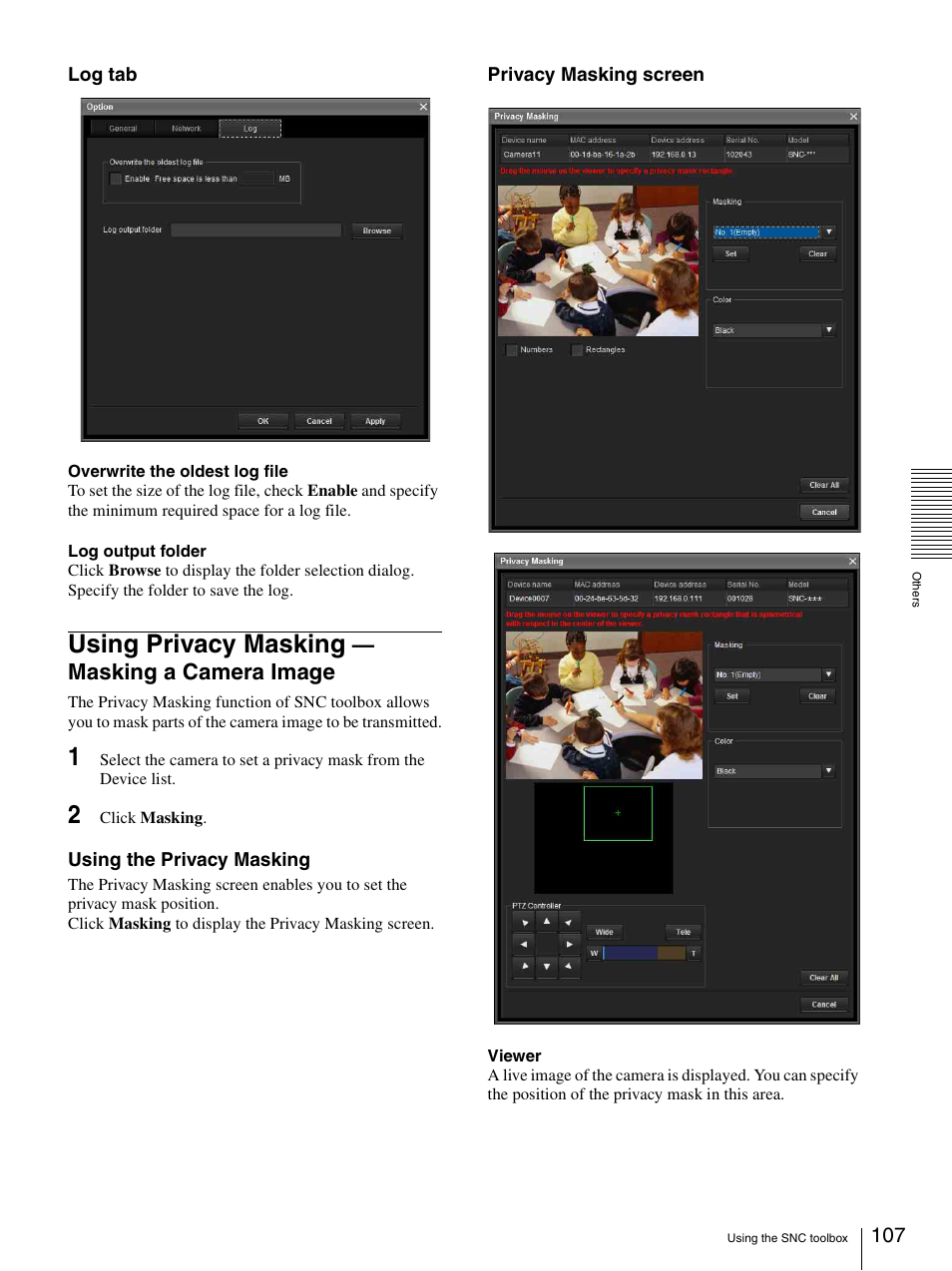 Using privacy masking - masking a camera image, Using privacy masking — masking a camera, Image | Using privacy masking, Masking a camera image | Sony CH240 User Manual | Page 107 / 128