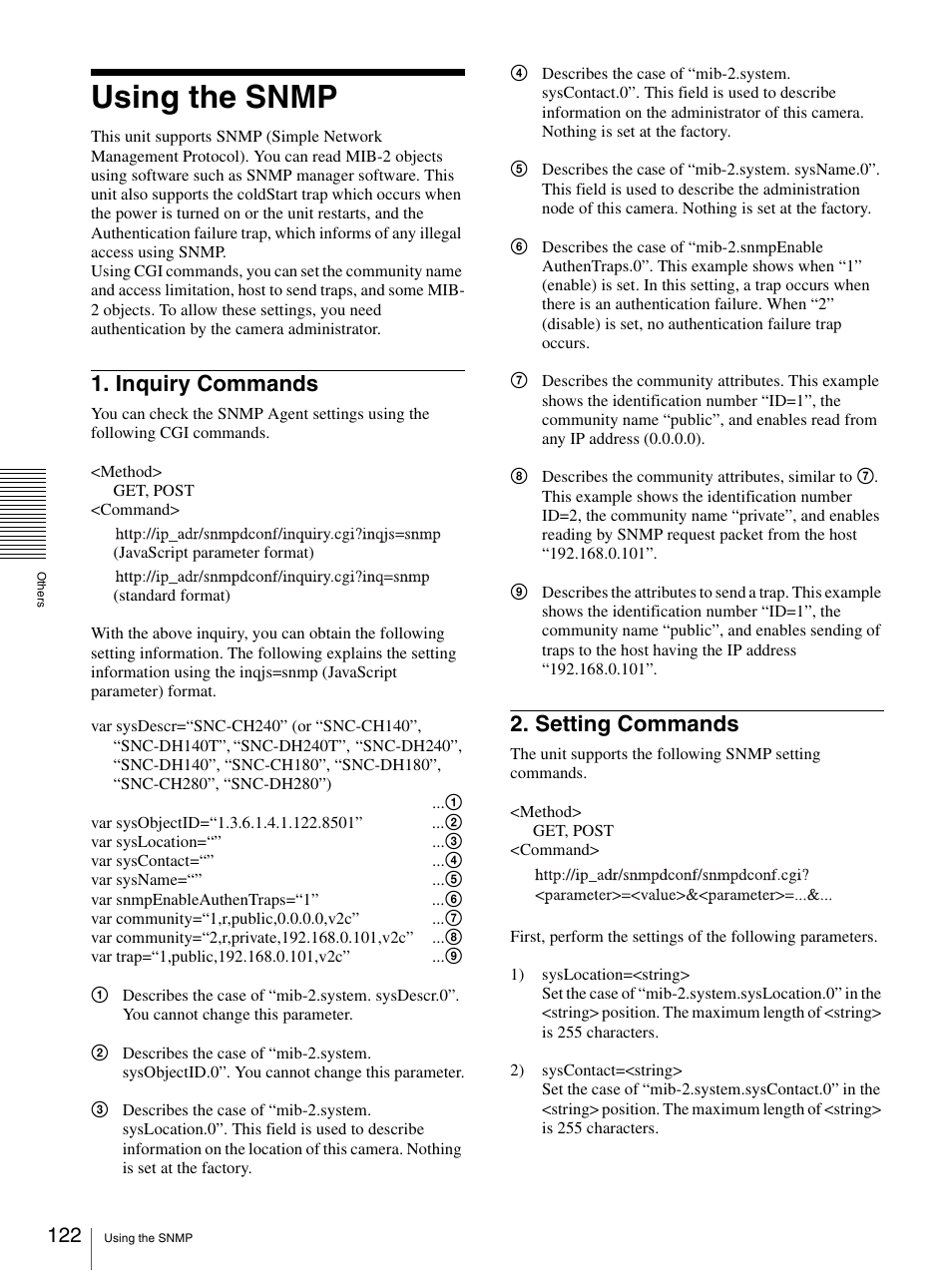 Using the snmp, Inquiry commands, Setting commands | Inquiry commands 2. setting commands | Sony CH240 User Manual | Page 122 / 128