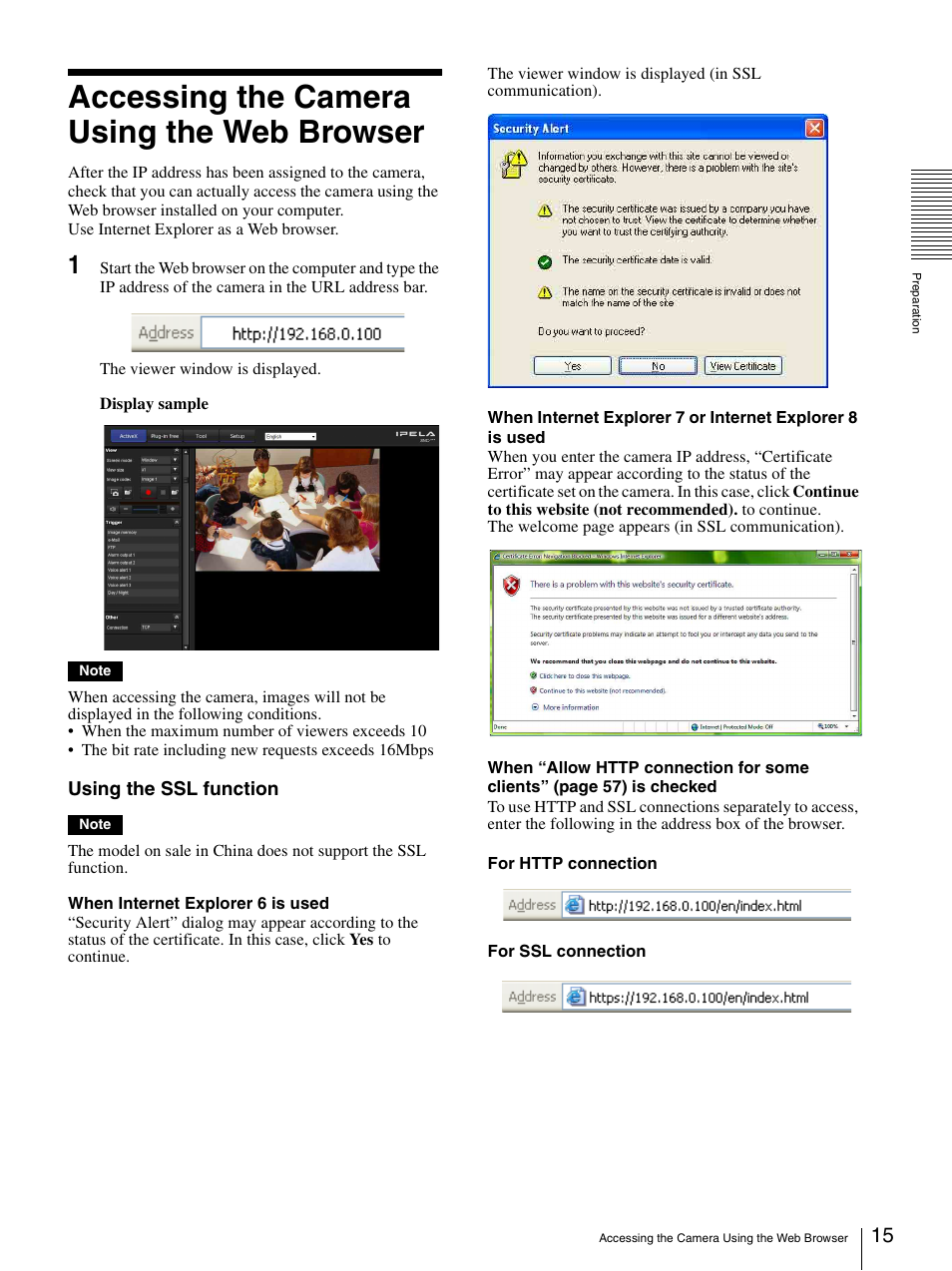 Accessing the camera using the web browser | Sony CH240 User Manual | Page 15 / 128