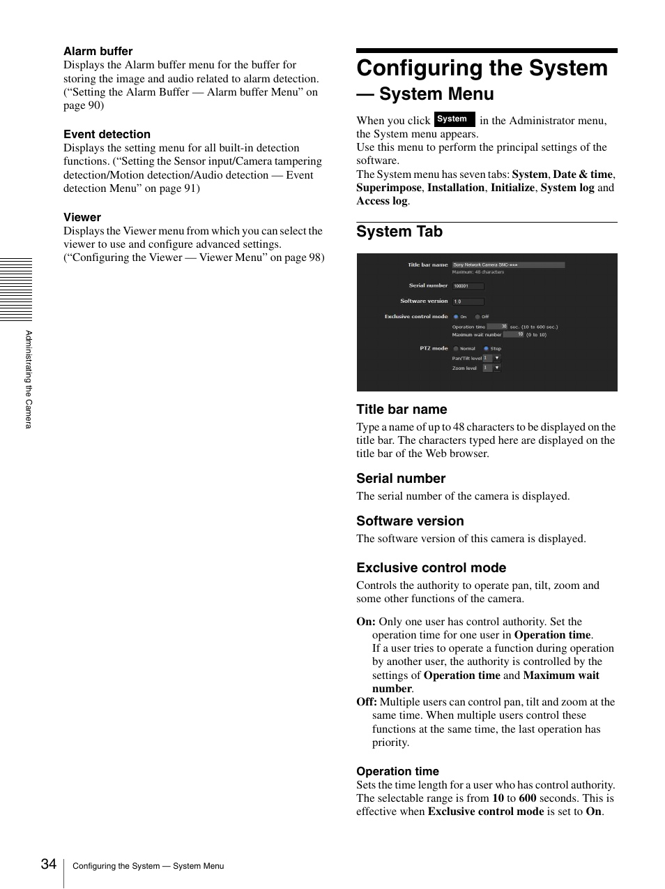 Configuring the system - system menu, System tab, Configuring the system — system menu | Ges 34 t, Configuring the system, System menu | Sony CH240 User Manual | Page 34 / 128