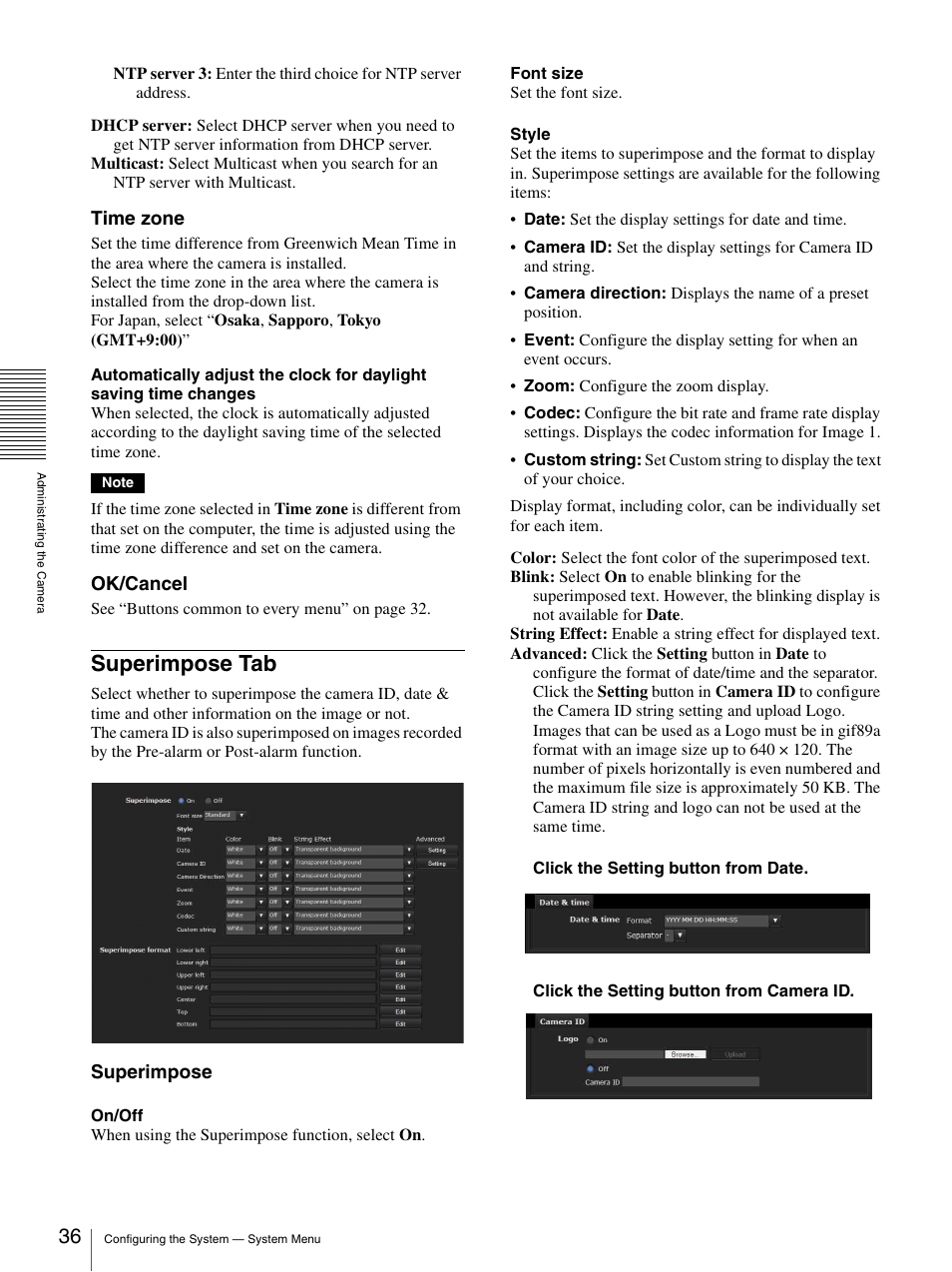Superimpose tab, Time zone, Ok/cancel | Superimpose | Sony CH240 User Manual | Page 36 / 128